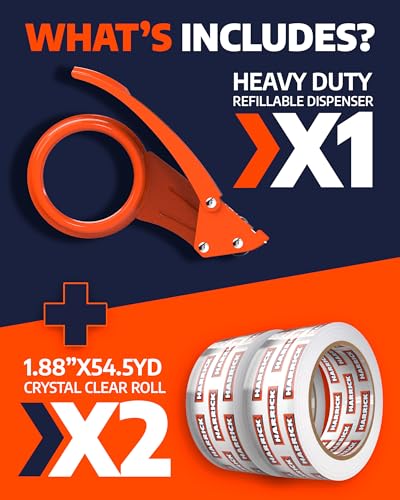 Clear Packing Tape with Dispenser 1.88 inch - Metal Strong & Durable Heavy Duty Packing Tape with Dispenser - Strong Strapping Tape with Dispenser Easy Tear & Seal - 2 Rolls / 1 Dispenser / 109 Yards - size: 109 yd