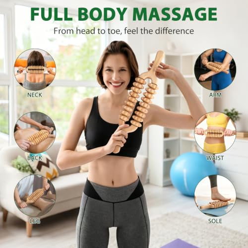 Liitrton Manual Wooden Massage Roller Stick for Muscle Relief, 18-Wheel - size: 18-Wheel-Wood