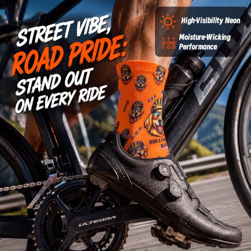 NIcool Cycling Socks For Men, 1/3 Pairs Bright Seamless Compression Running Crew Socks Youth Cushioned Tennis Quarter Socks - color: 1 Pair Bright Orange/Dog Print