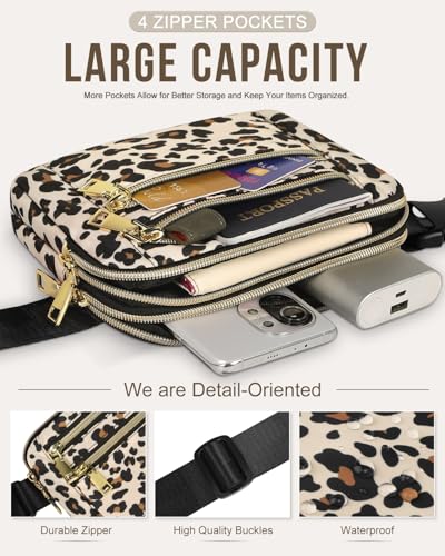 Capolo Fanny Packs for Women 4 Zip Pocket Crossbody Belt Bag Waist Bags - color: Leopard, size: Large
