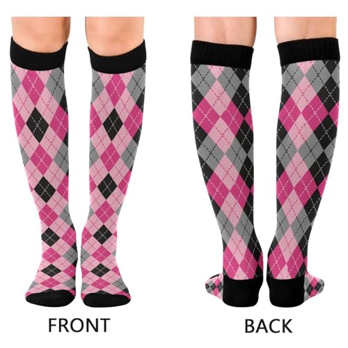 JUNZAN Buffalo Plaid Red Black Knee High Socks Compression Socks for Women Men Kid for Running Sports Nurse - color: Argyle Plaid Pink Black