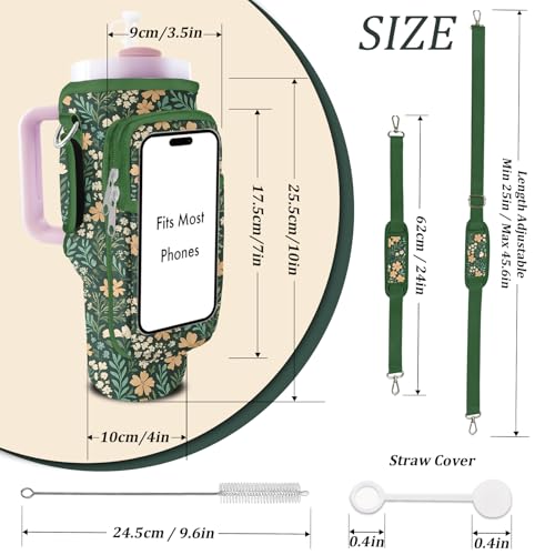 Water Bottle Carrier Bag for Stanley 40/30oz Cup Tumbler with Phone Pocket,Insulated Crossbody Water Bottle Holder with Adjustable Strap,Water Bottle Sling Pouch for Hiking Walking Camping Accessories - color: Green Flowers