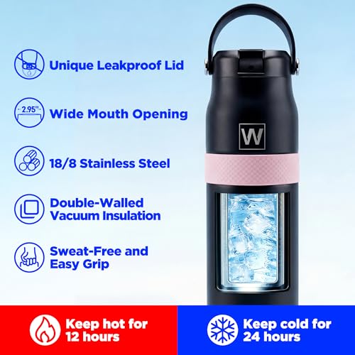 32 oz Insulated Water Bottle with Straw, Leakproof Stainless Steel Bottle with Handle, Non-Slip Silicone Sleeve, Internal Markings, Dishwasher Safe for Travel, Gym, Sports,Black - color: Black