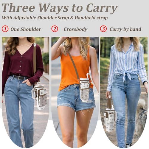 Water Bottle Carrier Bag for Stanley 40/30oz Cup Tumbler with Phone Pocket,Insulated Crossbody Water Bottle Holder with Adjustable Strap,Water Bottle Sling Pouch for Hiking Walking Camping Accessories - color: Brown Bow Tie