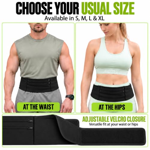 StashBandz Running Belt & Money Belt, 3 Zipper Pockets + Bottle Holder - size: Large