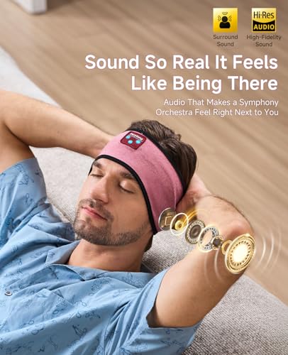 Perytong Sleep Headphones Bluetooth Headband, No Pressure for Ear, Headband Headphones Wireless Earphones Music Sleep Headband Earbuds, Sleep Mask Gifts for Men Women Teens - color: HB BrickRed