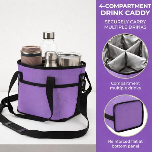 Drink Carrier Bag 4 Compartment Family Size Insulated Water Bottle Holder & Tumbler Tote with Adjustable Strap Nylon Organizer Caddy with Front Pocket for Picnic No-Spill for Car (Purple)