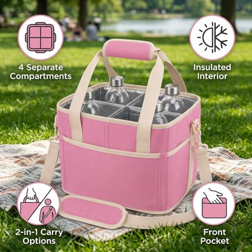 Drink Carrier Bag, 4 Compartment, Insulated Drink Carrier – Water Bottle Holder with Strap, Padded Handle Grip, Family Picnic Cooler Bag for Travel, Commute (Black) - color: Pink