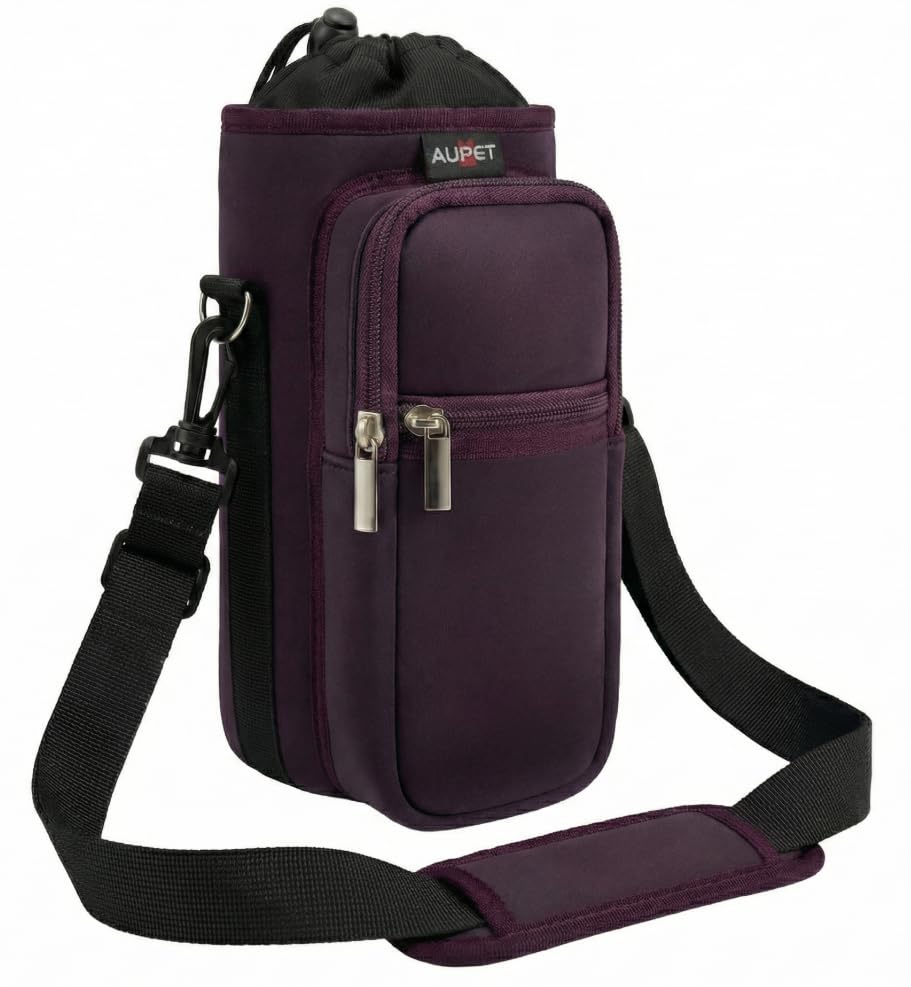 AUPET Water Bottle Sling Bag Sleeve Holder Carrier 25/32/40/64 oz,Insulated Crossbody Water Bottle Case Cover with Strap and Pockets for Men/Women Walking Hiking - color: Dark Cherry Brown, size: 40oz