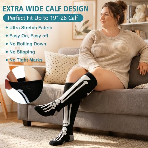 3/4 Pairs Wide Calf Compression Socks for Women Men 20-30 mmHg Knee High - color: 4 Pairs Skull, size: 5X-Large