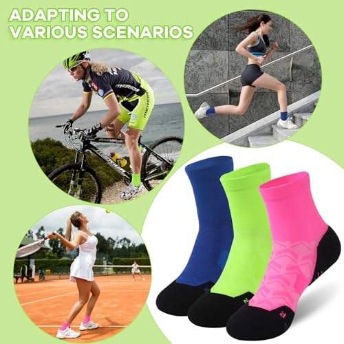 NIcool Cycling Socks For Men, 1/3 Pairs Bright Seamless Compression Running Crew Socks Youth Cushioned Tennis Quarter Socks - color: 3 Pairs Pink & Green & Royal Blue