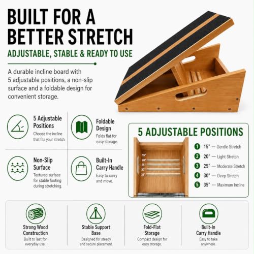 Adjustable Wooden Slant Board for Calf Stretching, 5 Angles