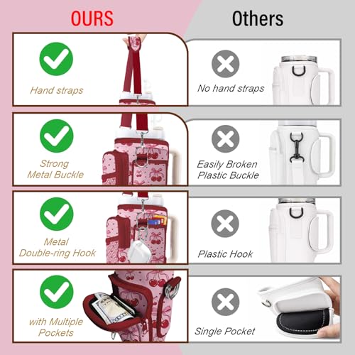Water Bottle Carrier Bag for Stanley Cup 40/30oz, Neoprene Water Bottle Holder Pouch with 3 Pocket Adjustable Shoulder & Hand Strap - color: Pink Cherry Heart Bow