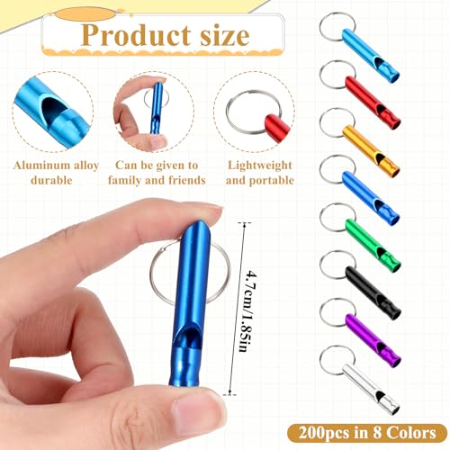 200Pcs Emergency Whistles with Keychains, Aluminum Extra Loud Survival Whistle, Whistle Bulk for Camping Hiking Hunting Boating Training Outdoor Sports, Multicolor - style: 200pcs