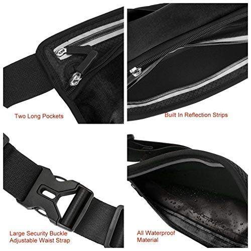 Running Belt Sport Waist Pack with Water Bottle Holder Hydration Belt Fanny Pack Reflective Stripes Cellphone Storage Earphone hole for Dog walker Hiking Travel (Whole BLACK) - color: BLACK