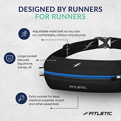 Fitletic Bolt Double Pocket Running Belt & Active Fanny Pack For Men & Women – Water Resistant, Lightweight Sleek Design – Patented No Bounce Hip Hugging Fit – Holds Any Phone - color: Black & Blue