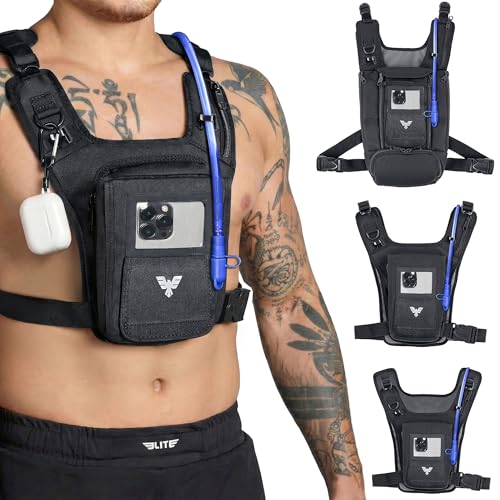 Elite Hydra Running Chest Pack w/ Phone Holder Touch Friendly, Camera Pocket for Men/Women Lightweight Hydration Vest Chest Rig w/ Water Bladder for Marathon, Cycling, ADV Camping, Skiing - size: Small