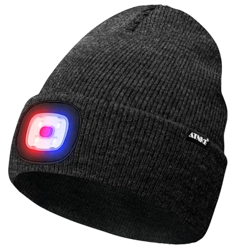 ATNKE LED Lighted Beanie Hat,USB Rechargeable 4 LED Red and Blue Flashing Running Headlamp Cap Gifts for Men and Women - color: #Dark Grey