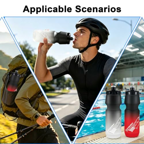 Bike Water Bottle 24oz Squeeze Leakproof Road Cycling Bottles with Cages - color: Black/White+Black/Red, size: 2‑Pack with Cages