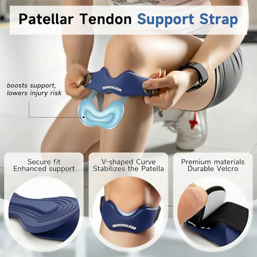 MANUEKLEAR V-Shaped Patella Bands, Adjustable Flex Wrap Patellar Tendon Support Strap for Men Women, Silicone Patella Knee Straps Suitable for Pain Relief Running Hiking Basketball, (2pcs) (Blue) - color: Blue