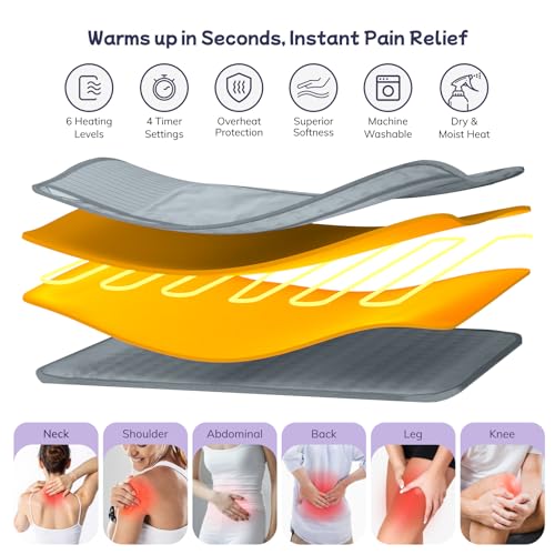 Heating Pad for Back, Upgraded Electric Heating Pad for Low Back Neck Shoulder Pain Relief, 12 x 24+26" Large Heat Pad with 4 Timer 6 Heat Setting & Auto Shut Off, Christmas Birthday Gifts for Men Dad - color: Gray