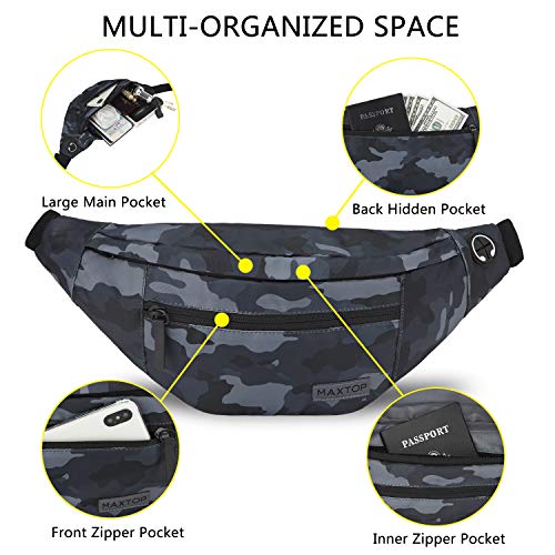 Small Camo Black Crossbody Bag Shoulder Fanny Pack with 4-Zipper Pockets - color: Camo Black, size: Large