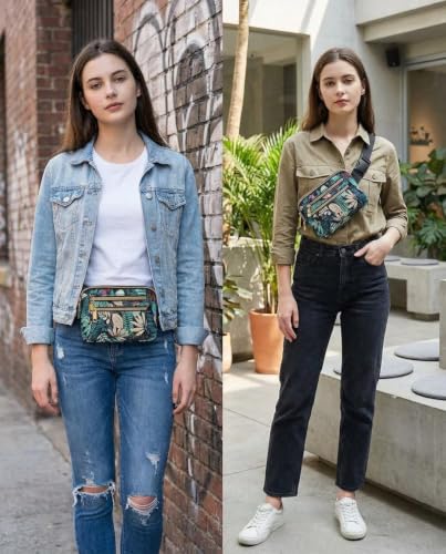 Fanny Packs for Women cross body bags, Waist Pack with Adjustable Strap - color: B-Blue Leaves, size: Double Layer