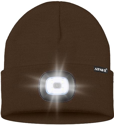 ATNKE LED Lighted Bluetooth Beanie Hat,USB Rechargeable 4 LED Wireless Music Running Headlamp Cap Gift for Men and Women - color: #Coffee