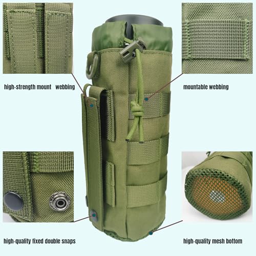 Tactical MOLLE Water Bottle Holder, Upgraded Water Bottle Pouch with Drawstring Open Top & Mesh Bottom, 16/24/25/32oz Water Bottle Carrier Bag with D-Ring Hook for Backpack - color: Green