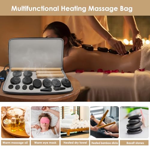 17 Pieces Massage Stones Set with Warmer Kit Hot Rocks Bamboo for Massage,Hot Stones Massage Warmer Kit with Temperature Control and Carry Bag (14 Stones and 3 Sticks)