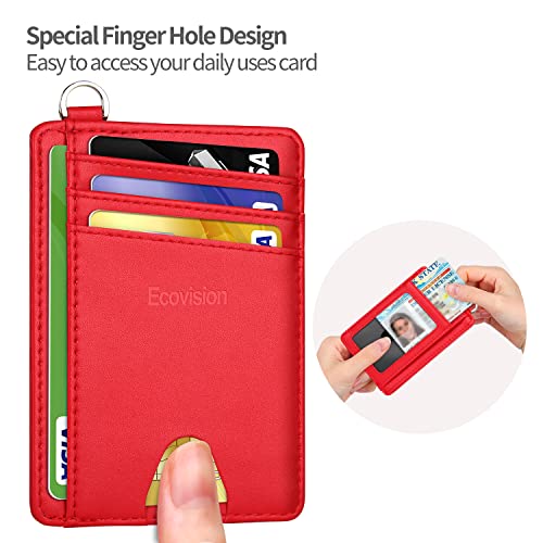 Slim Minimalist Front Pocket Wallet, RFID Blocking Credit Card Holder Wallet with Integrated D-Shackle for Men Women - color: Cowhide Red