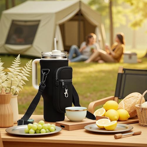 Water Bottle Carrier Bag Holder with Phone Pocket Adjustable Strap for Stanley 30 40oz, Insulated Neoprene Cover Sleeve Sling Crossbody Bag for Walking Camping Hiking Travelling - color: Black-1