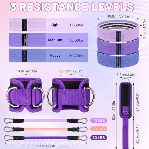 3-in-1 Resistance Bands Set, Fabric Booty Elastic, 6-Tube Pedal Pull Rope & Ankle Strap with Cuffs, Workout Equipment for Women Home Gym, Leg Glute Butt Hip Exercise