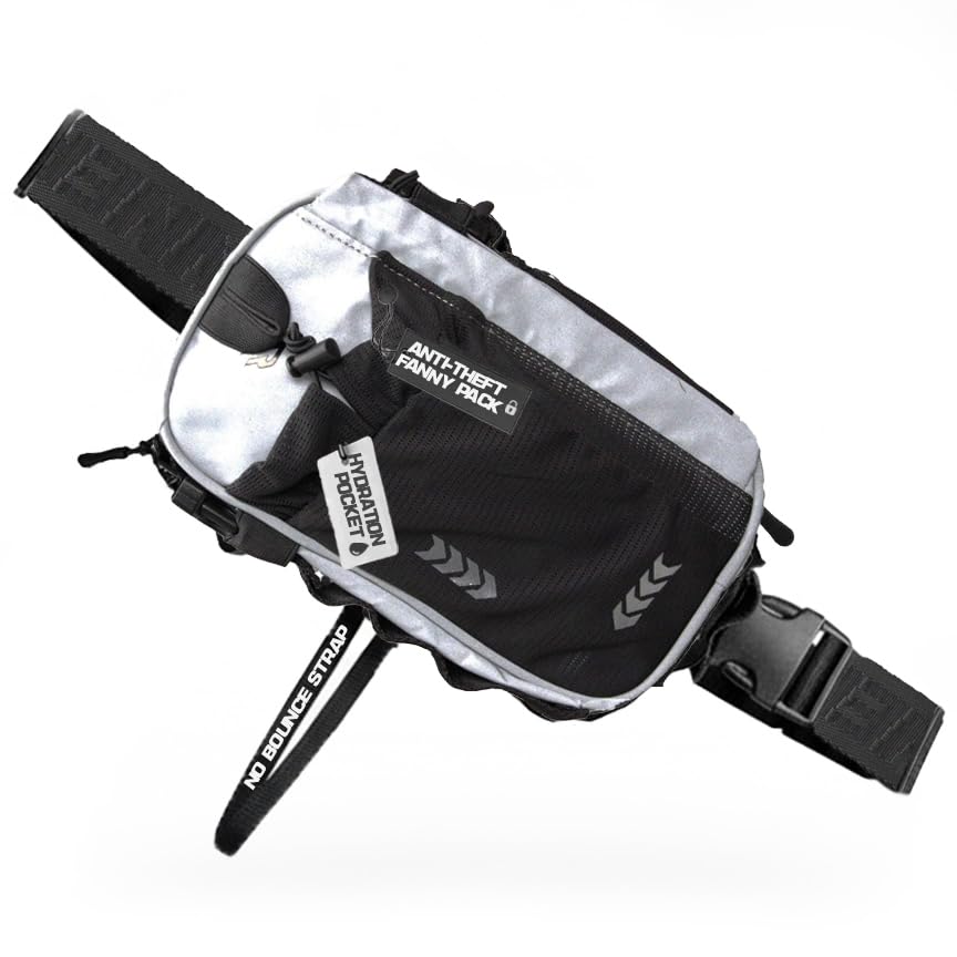 RAVERUNNER NO-BOUNCE Reflective Anti-Theft Fanny Pack & Festival Bag - Modular Sling with 8 Pockets | Rave Bag, Festival Fanny Pack - color: REFLECTIVE