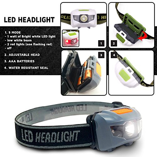 Bright Eyes - 2-Pack Cree LED Headlamp (White and Red Lights) - Adjustable Running, Reading, Camping, Outdoor or Indoor Flashlight Headlights - color: Gray