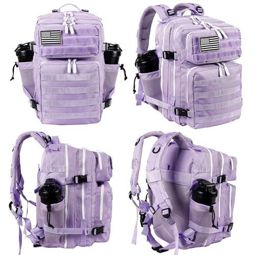 LHI Tactical Military Backpack for Men and Women 25L/35L Army Assault Pack Bag Small Rucksack with Bottle Holder - color: 35l-light Purple, size: Medium