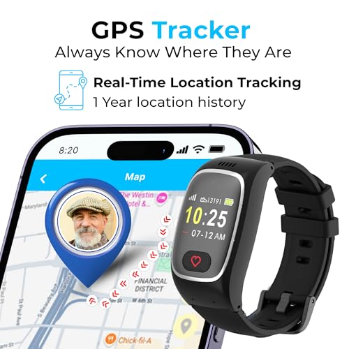 Seculife Medical Alert Smartband for Seniors — Alerts Go Direct to Family, No Call Center | Auto Fall Detection, GPS Tracking, Heart Rate Monitor, 2-Way Calling, SOS Button, Waterproof Wearable - color: Black