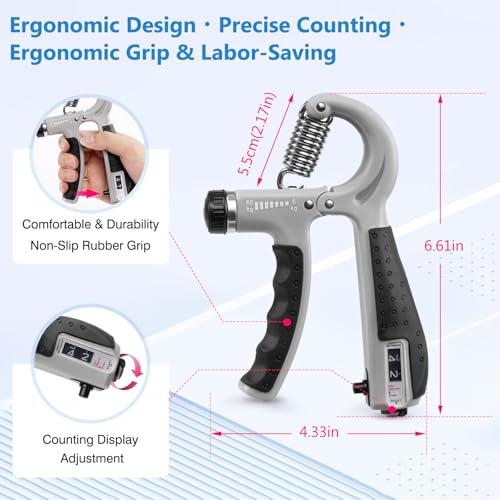 CYFIE Grip Strength Trainer Kit Adjustable 10-132Lbs Hand Exerciser Counter - color: Gray