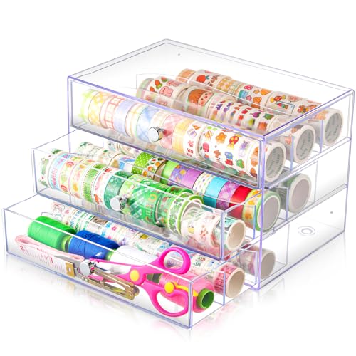 Wonderjune 1 Pack 3 Drawer Clear Washi Tape Organizer Acrylic Storage Box