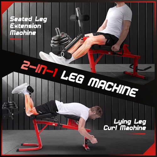 ANCHEER Leg Extension and Curl Machine, Adjustable Leg Workout Machine for Lower Body Training, 880LB Capacity Plate Loaded Leg Developer for Quads, Hamstrings & Glutes, Home Gym Equipment - color: Red