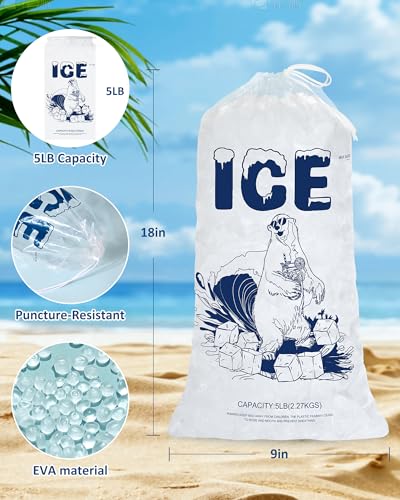 5lb Ice Bags with Drawstring – 50 Pack Reusable Heavy-Duty Plastic Ice Cube Bags for Freezer, Ice Maker, Coolers, Camping, Storage, Leak-Resistant & Food Safe - size: 50PACK
