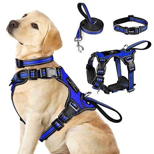 WINSEE Pet Harness Collar and Leash Set, All-in-one Reflective Dog Harness No Pull with Adjustable Buckles for Puppies, Small, Medium, Large, and Extra-Large Dogs (Large, Dark Blue) - color: Dark Blue, size: Large