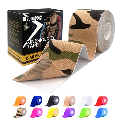 SOON GO Kinesiology Tape, 2IN x 16.4FT Uncut Athletic Tape, Waterproof Breathable Latex-Free, Muscle Recovery & Joint Support, Camo (1/2/5 Rolls) - color: Camo, size: 1 Count (Pack of 1)