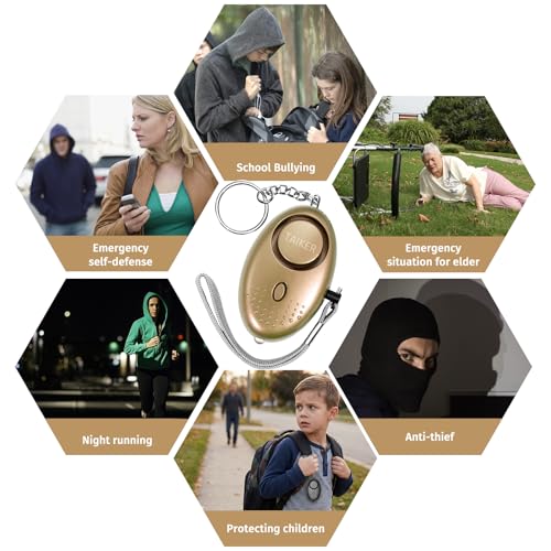 Personal Alarm for Women, 5Pcs 140dB Self Defense Keychain LED Light - color: Black, Silver, Purple, Gold, Blue