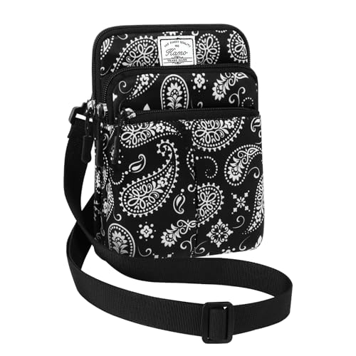 KAMO Multifunction Phone Waist Bag - One Shoulder Diagonal Cross Bag, Smart Case, Outdoor Triple Zip Hipster Crossbody Purse for Women & Men - color: Black-Cashew flower