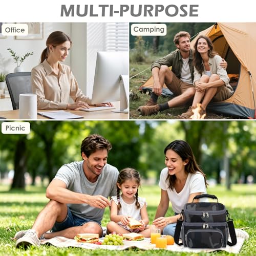 FlowFly Double Layer Cooler Insulated Lunch Bag Adult Lunch Box Large Tote Bag for Men, Women, With Adjustable Strap,Front Pocket and Dual Large Mesh Side Pockets - color: Black#Camo