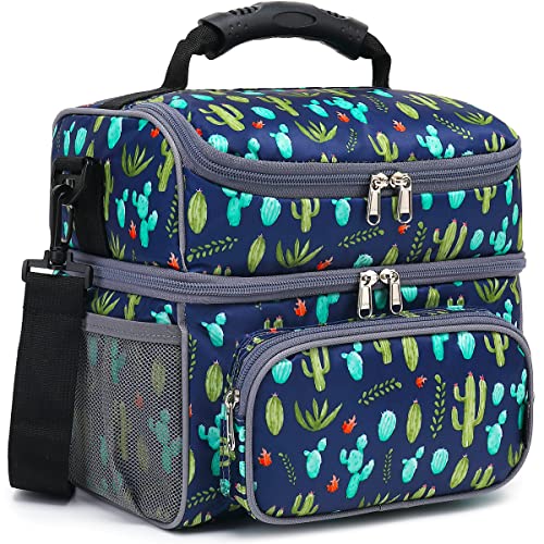 FlowFly Double Layer Cooler Insulated Lunch Bag Adult Lunch Box Large Tote Bag for Men, Women, With Adjustable Strap,Front Pocket and Dual Large Mesh Side Pockets - color: Cactus