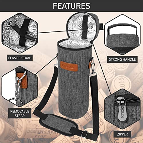 opux Single Bottle Wine Bag Carrier Insulated Cooler Tote, Charcoal Grey - color: Charcoal Gray