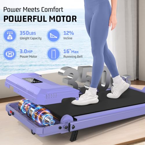 FUNMILY Upgrade Walking Pad Folding Treadmill with 12%/15% Incline & Handle Bar, 3.5HP Foldable Under Desk Compact Treadmills for Home/Office/Gym, 400+lb Capacity, Shock Absorption - color: Purple