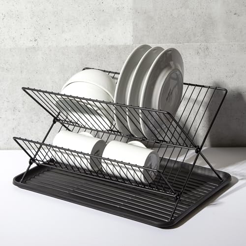 BINO 2-Tier Collapsible Dish Rack with Tray - Matte Black | Dish Drainer Kitchen Plate | Holders for Cups & Plates | Foldable Rack for Kitchen Countertop | Storage and Organization